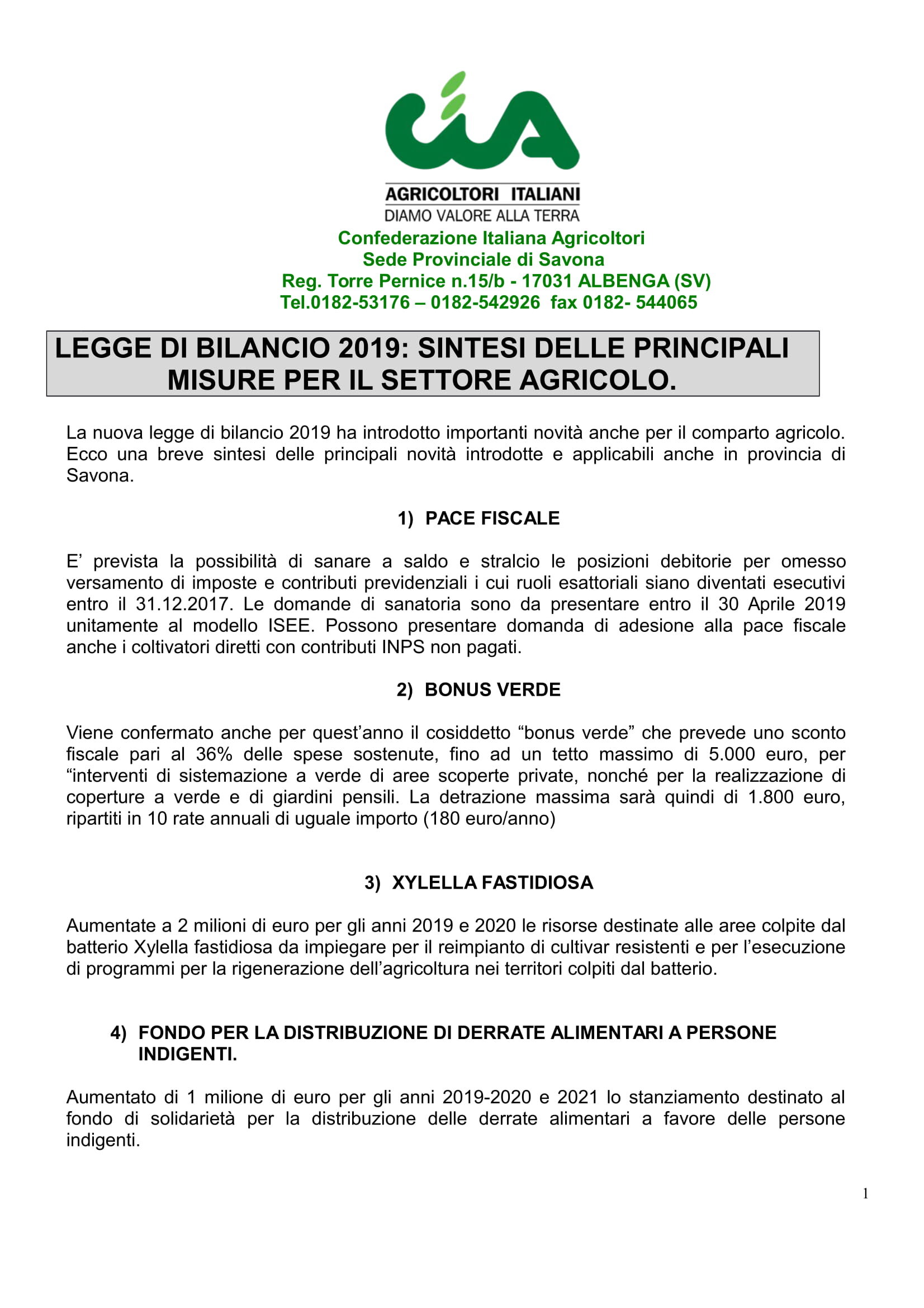 LEGGE DI BILANCIO 2019: SINTESI DELLE PRINCIPALI MISURE PER IL SETTORE AGRICOLO.