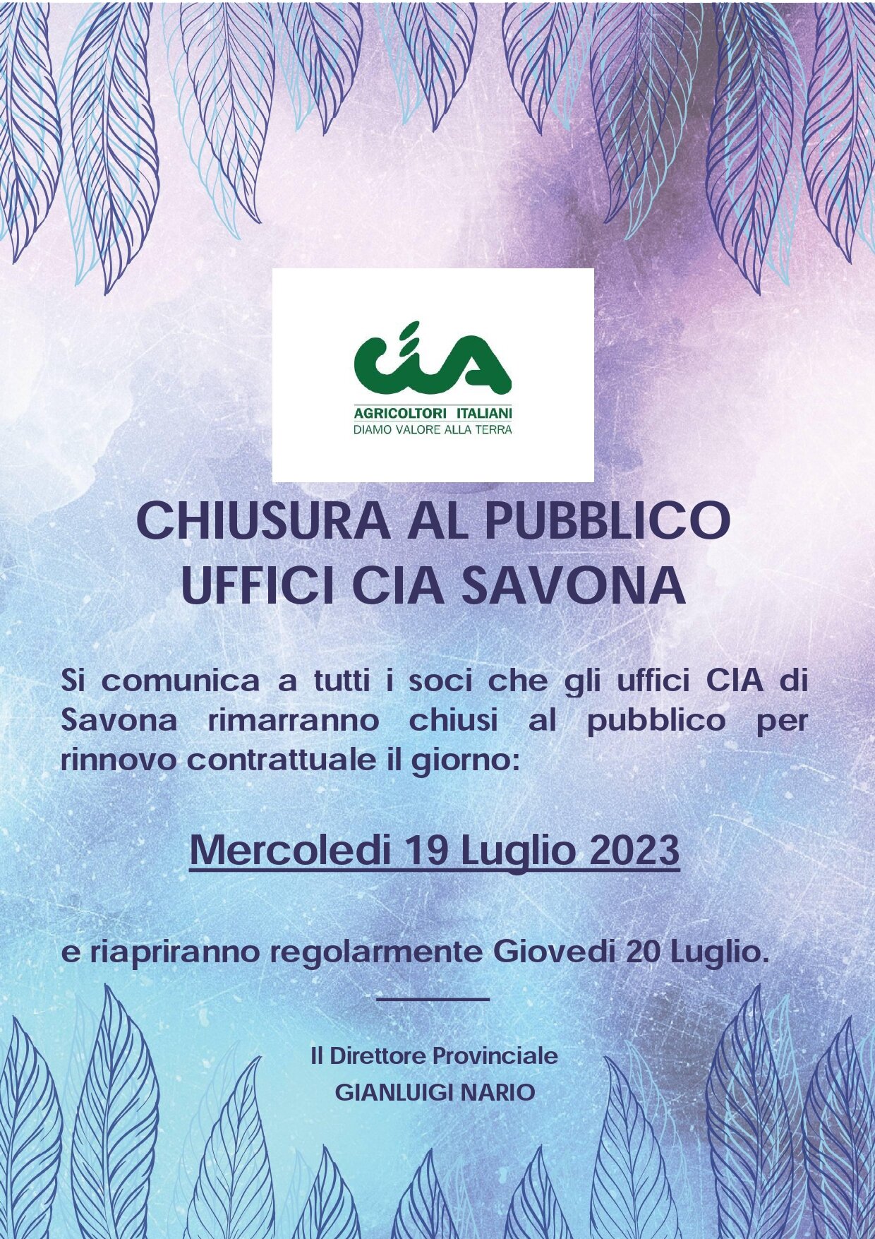 CHIUSURA UFFICI CIA SAVONA PER MERCOLEDI 19 LUGLIO 2023