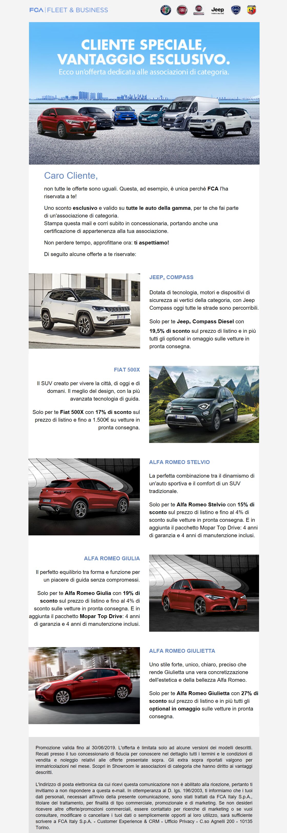 FINO A FINE GIUGNO PREZZI SUPER VANTAGGIOSI PER I SOCI CIA PER ACQUISTO DI AUTO FCA AUTOMOBILES