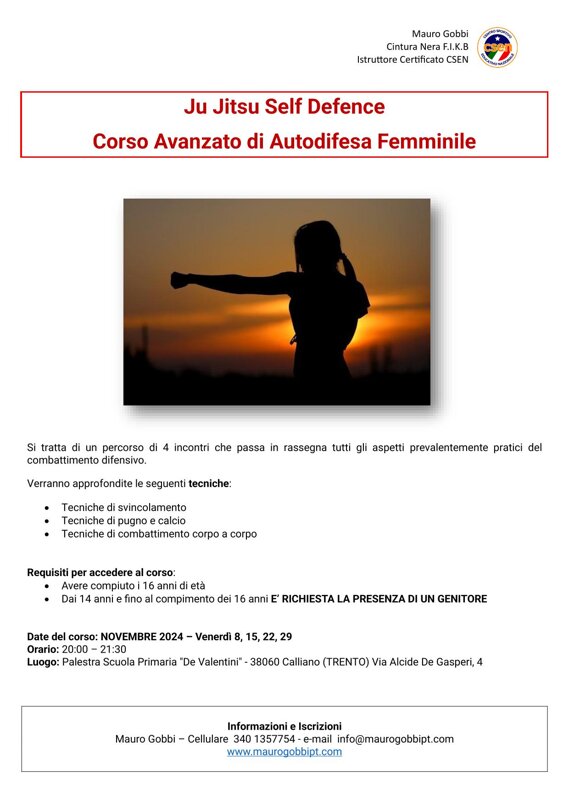 Corso AVANZATO di Autodifesa Femminile Calliano (TN), Novembre 2024