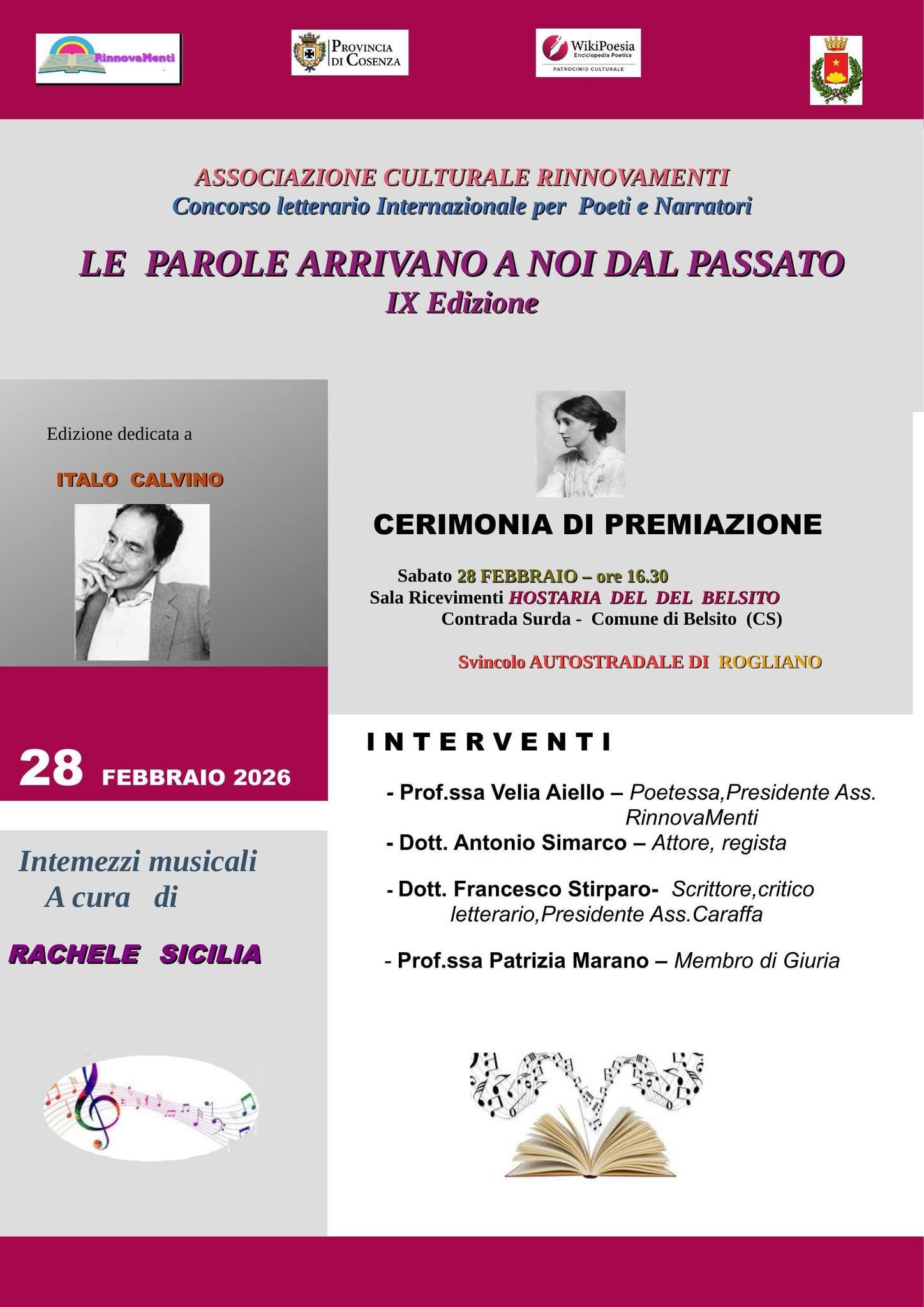 Belsito, sabato cerimonia di premiazione del Concorso Letterario Internazionale per Poeti e Prosatori. Belsito, sabato cerimonia di premiazione del Concorso Letterario Internazionale per Poeti e Prosatori.