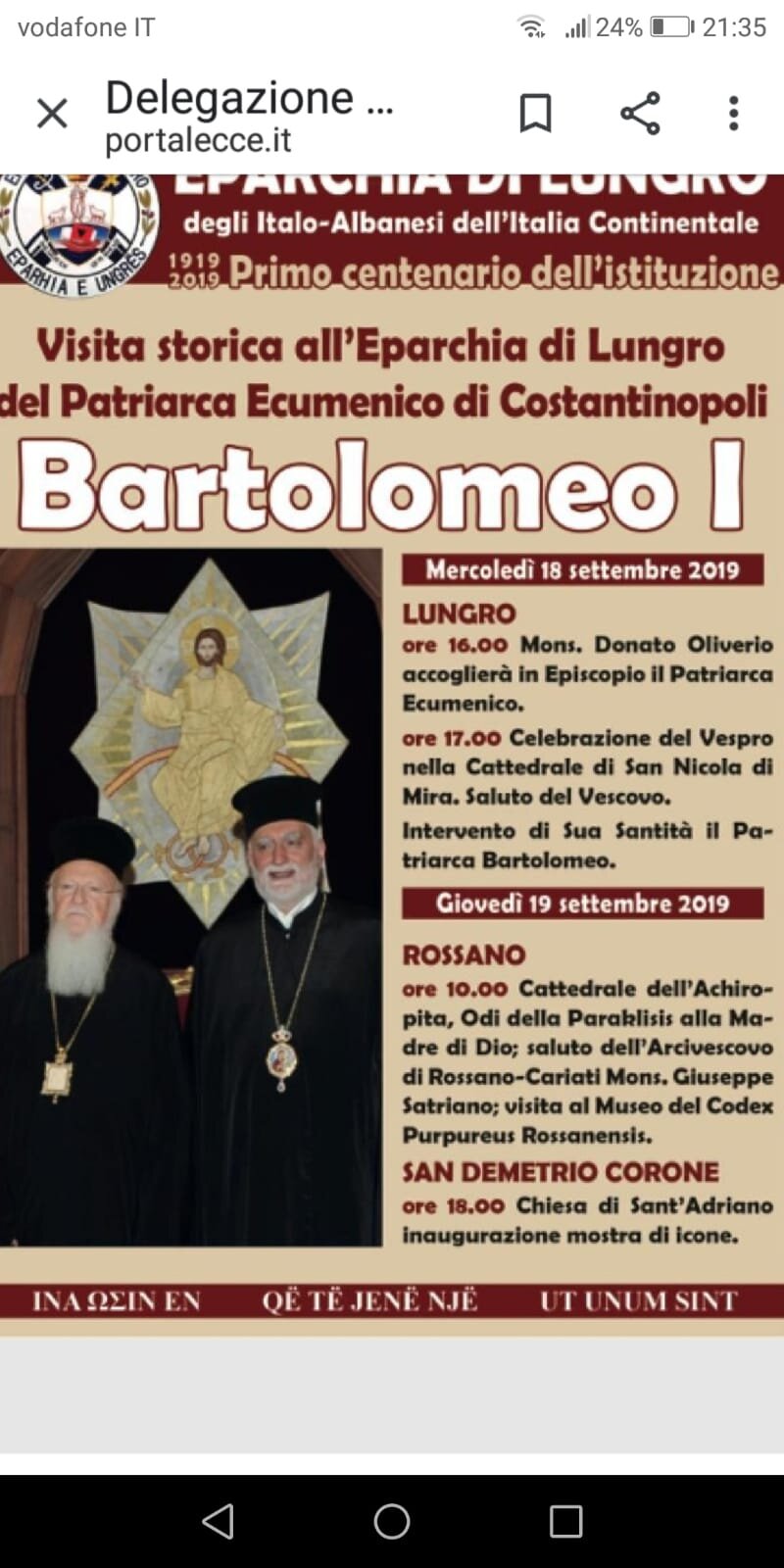 IL PATRIARCA BARTOLOMEO I° A LUNGRO