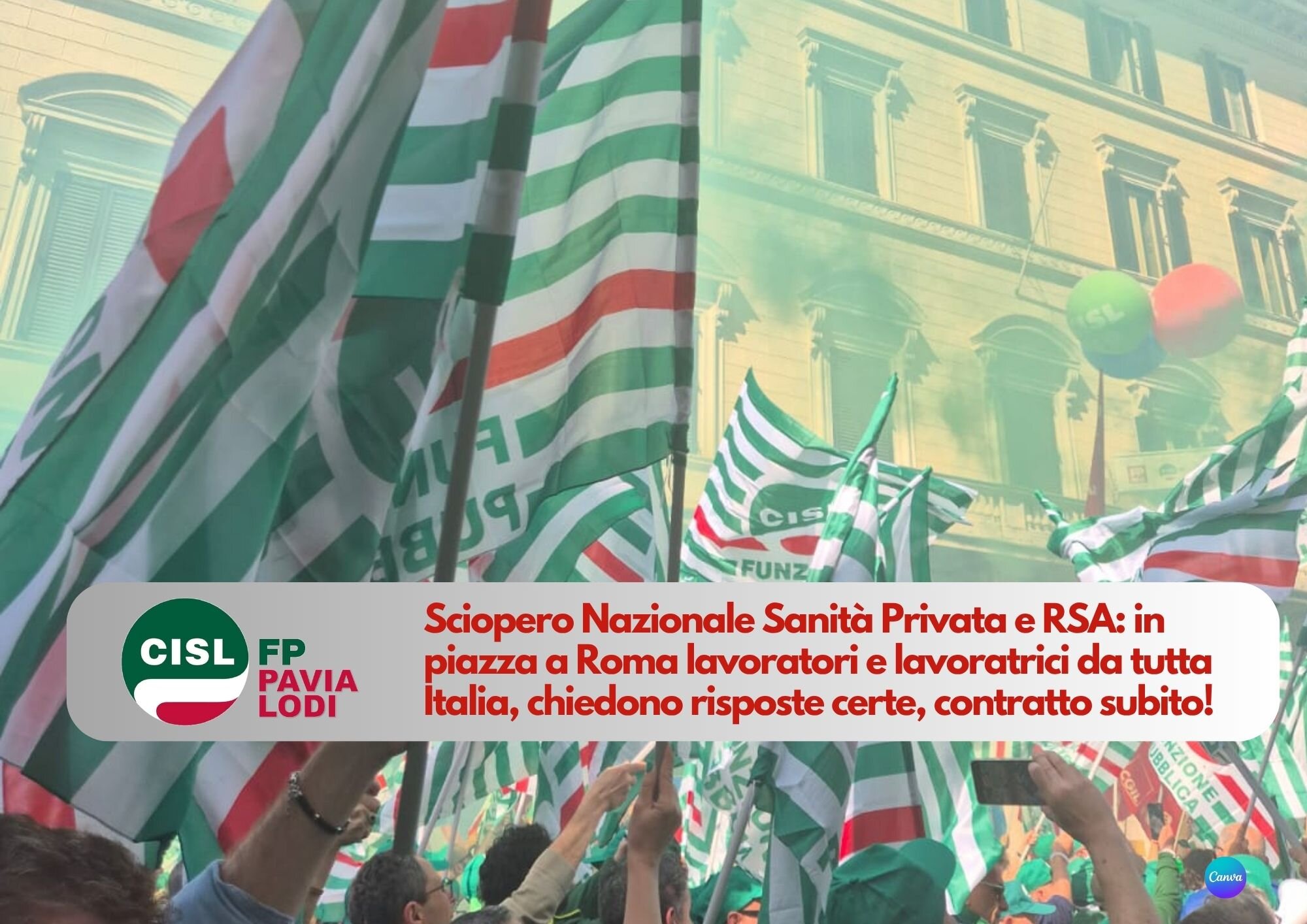 CISL FP Pavia Lodi. In Piazza a Roma per chiedere il rinnovo del Contratto per i lavoratori di Sanit&agrave; Privata e Rsa