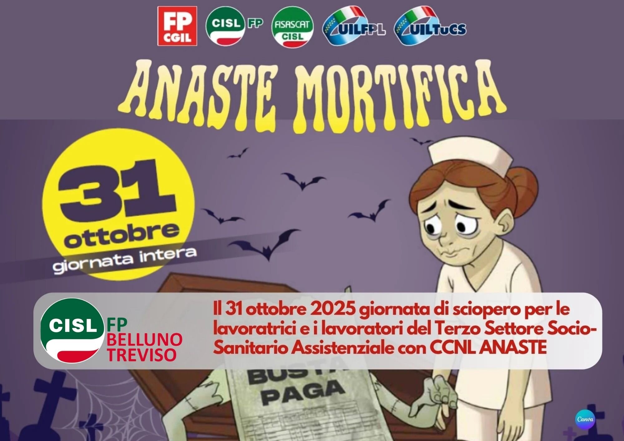 CISL FP Belluno Treviso. 31 ottobre 2025 sciopero nazionale lavoratori del Terzo Settore Socio-Sanitario Assistenziale CCNL Anaste