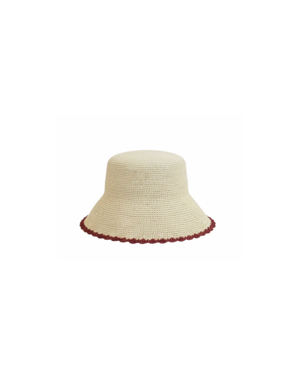 alt= bucket hat Sierra del brand amor y mezcal in paglia di toquilla con bordo crochet color burgundy
