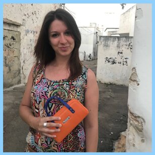 “... Lisa” Wallet Multitasking artigianale in pelle pieno fiore Orange/BluLobelia 21cm/12cm