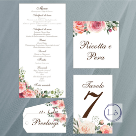 Tag, menu nozze, segnaposto, confettata Elementi della stationery stile romantico