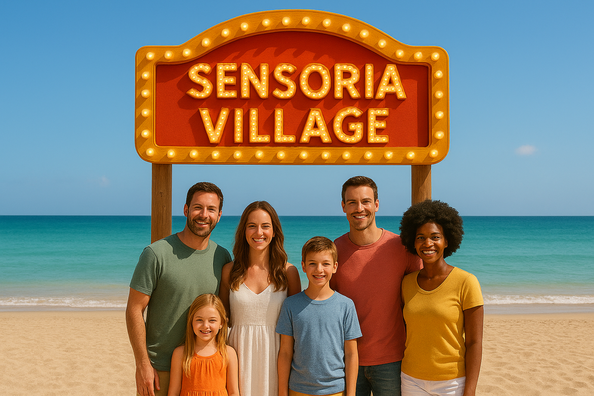 famiglia sotto il cartello %22sensorial village%22