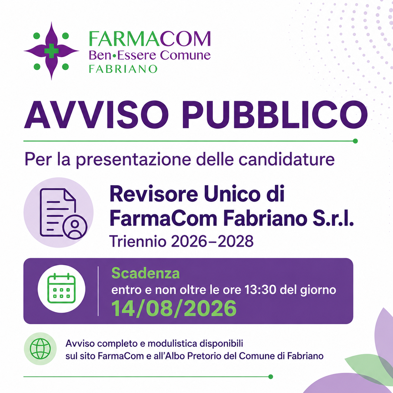 Avviso pubblico per la presentazione delle candidature a Revisore Unico di FarmaCom Fabriano S.r.l.