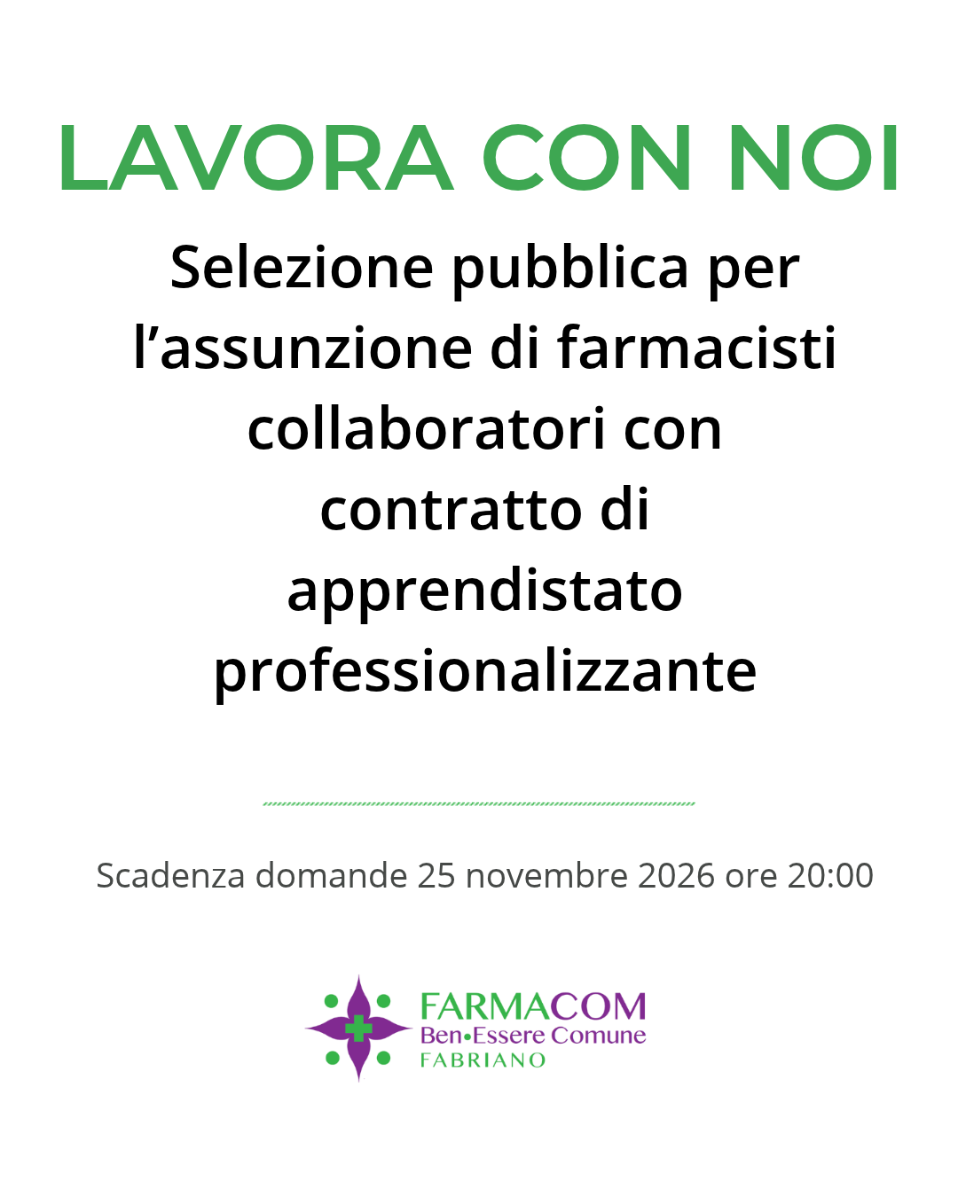 Selezione pubblica per l’assunzione di farmacisti collaboratori con contratto di apprendistato professionalizzante