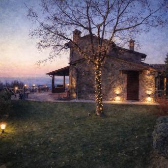 Giardino del B&B Galletto di Marzo con rosmarino, rose e vegetazione sempreverde