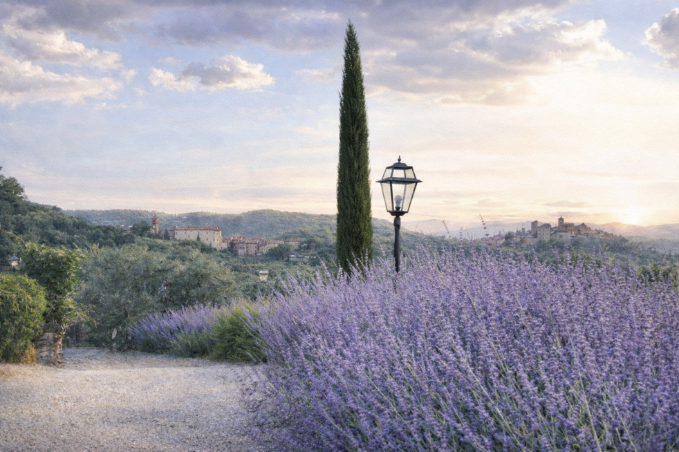 Vista sulla campagna umbra con campo di lavanda, cipresso e lampione al B&B Galletto di Marzo