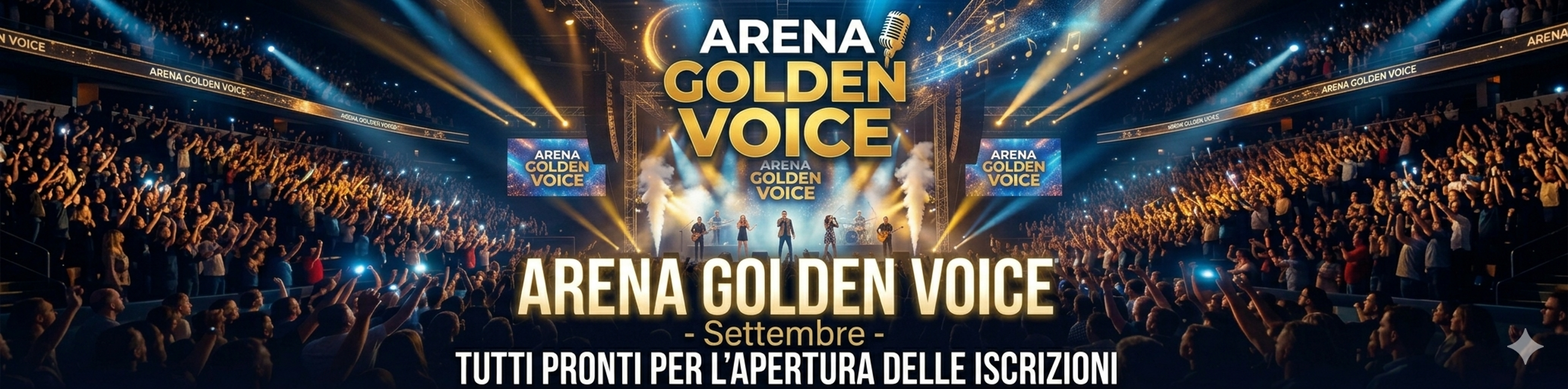 Infografica della Roadmap dell'Artista: dalle iscrizioni online all'Arena Golden Voice fino alla fase a squadre della Golden Voice League a Roma