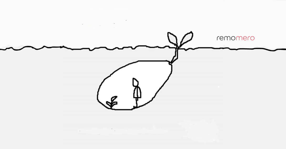 metodologia-naturale-della-progettazione-remomero.png Disegno di un seme interrato che fuoriesce dal terreno con all'interno del seme un omino e un piccolo germoglio stilizzato: metafora della metodologia naturale di progettazione