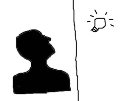Disegno-schizzo di un volto e mezzo busto che guarda in alto verso una lampadina che si illumina Disegno-schizzo di un volto e mezzo busto che guarda in alto verso una lampadina che si illumina
