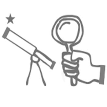Disegno di un cannocchiale e di una mano che iene una lente di ingrandimento: metafora della ricerca Disegno di un cannocchiale e di una mano che iene una lente di ingrandimento: metafora della ricerca
