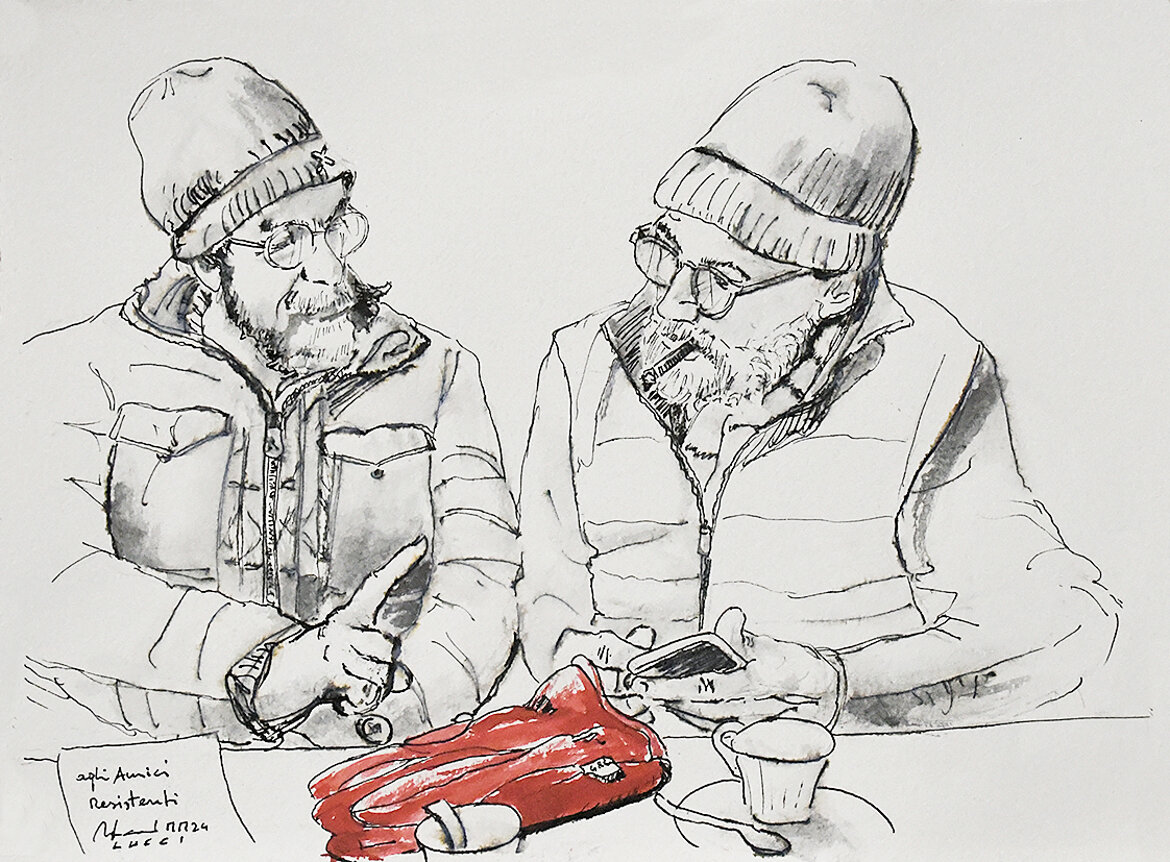 340. caroti e camillo (b), 2024 penna acquarellata e colore su carta (28 x 38 cm).jpeg