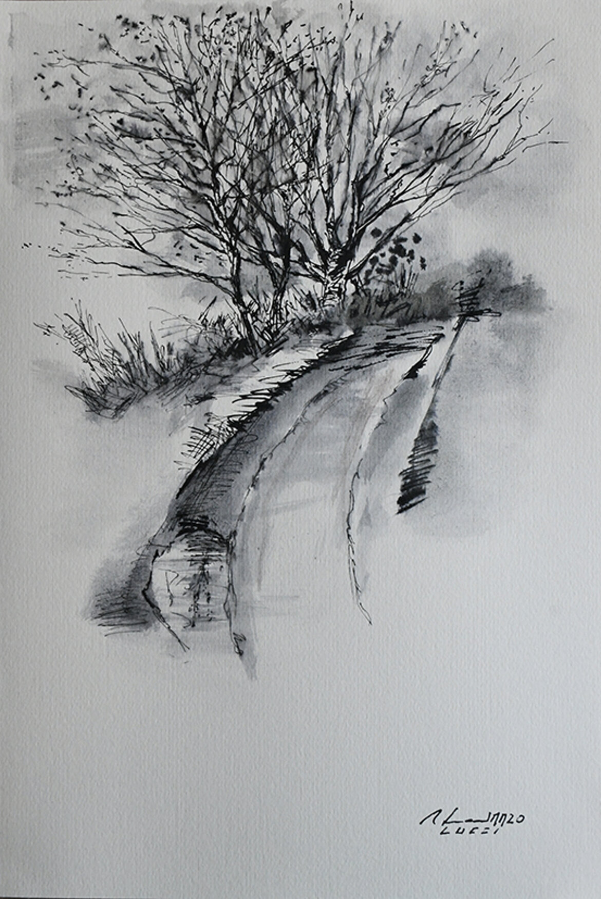 301. stradina con alberi e pozza d'acqua, 2020 penna e acquarello (41,2 x 27 cm).jpeg