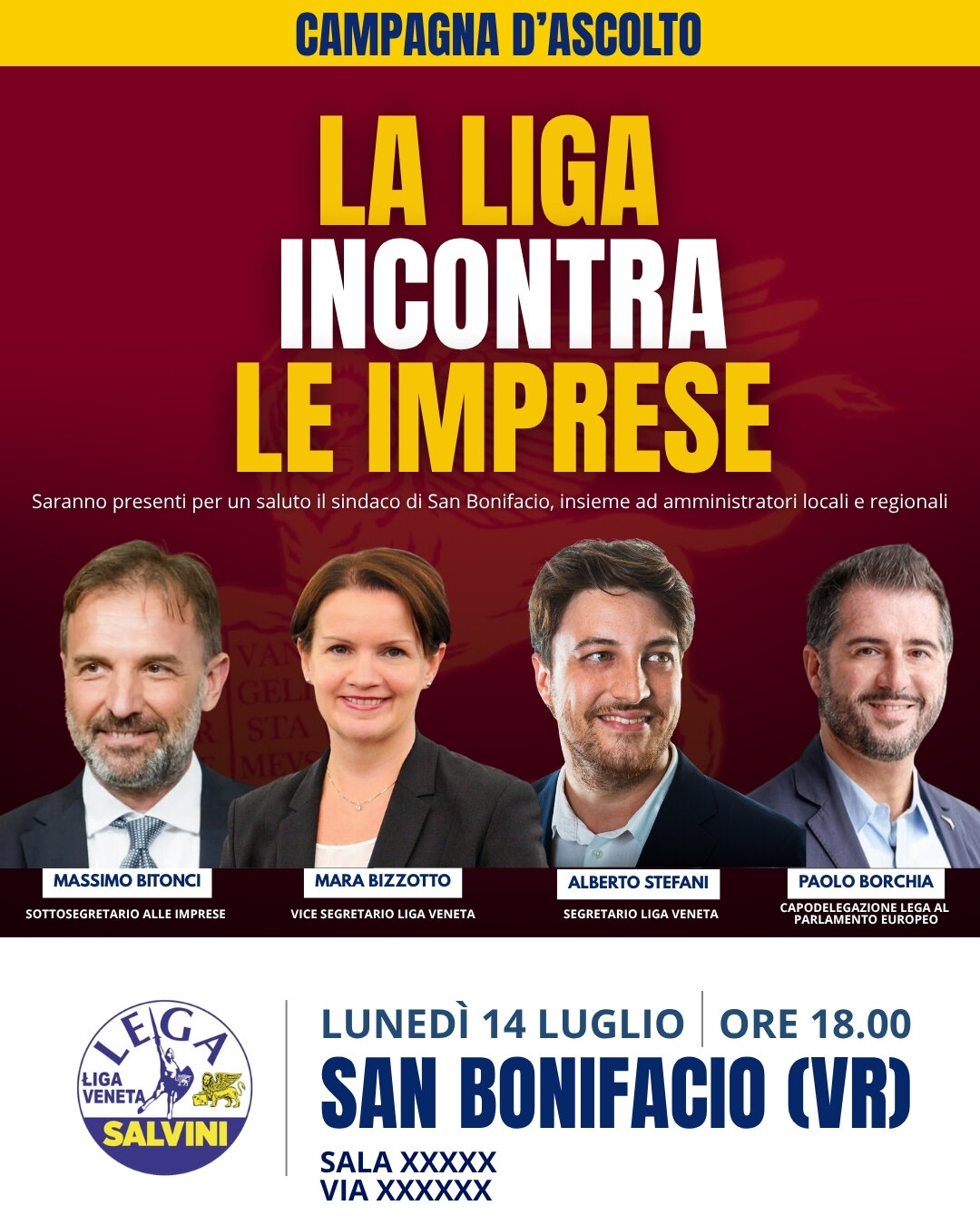 Regionali Veneto, luned&igrave; 14 alle 18 Lega incontra imprese e categorie economiche a San Bonifacio