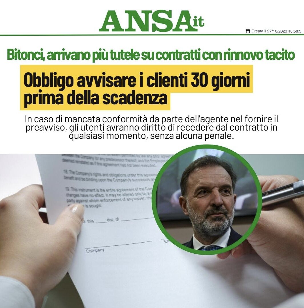PIÙ TUTELE SU CONTRATTI CON RINNOVO TACITO OBBLIGO AVVISARE I CLIENTI 30 GIORNI PRIMA DELLA SCADENZA PIÙ TUTELE SU CONTRATTI CON RINNOVO TACITO OBBLIGO AVVISARE I CLIENTI 30 GIORNI PRIMA DELLA SCADENZA