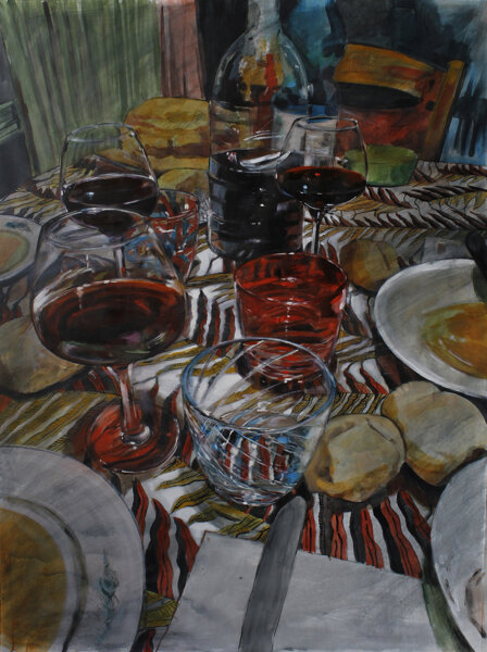 %22devi solo sederti e mangiare questa cena%22, 2022, smalto all'acqua, olio e gessetto su tela, 148 x 106.jpeg