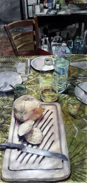 “devi solo sederti”, 2021, smalto all’acqua e gessetto su tela, 223 cm x 106 cm.jpeg