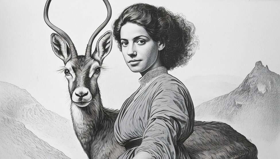 firefly illustration of a woman with a turquoise dress riding an antelope, neon bright, illustrated,-20.jpeg