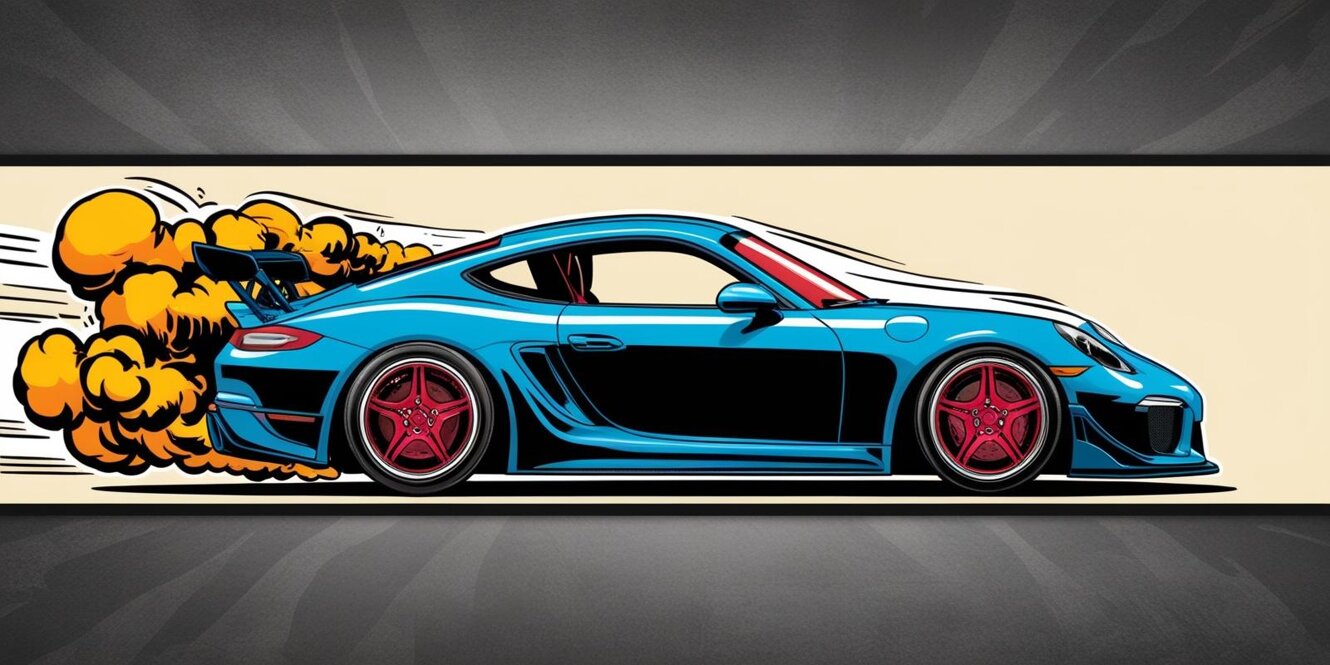 banner with a tuned car seen from the side, smoke coming from under its tires. make it comic style, 2d.jpeg