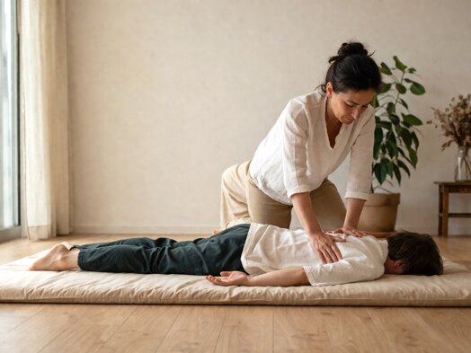 Trattamento shiatsu professionale su futon in studio a Rovato durante una sessione orientata al rilassamento e al rilascio delle tensioni.