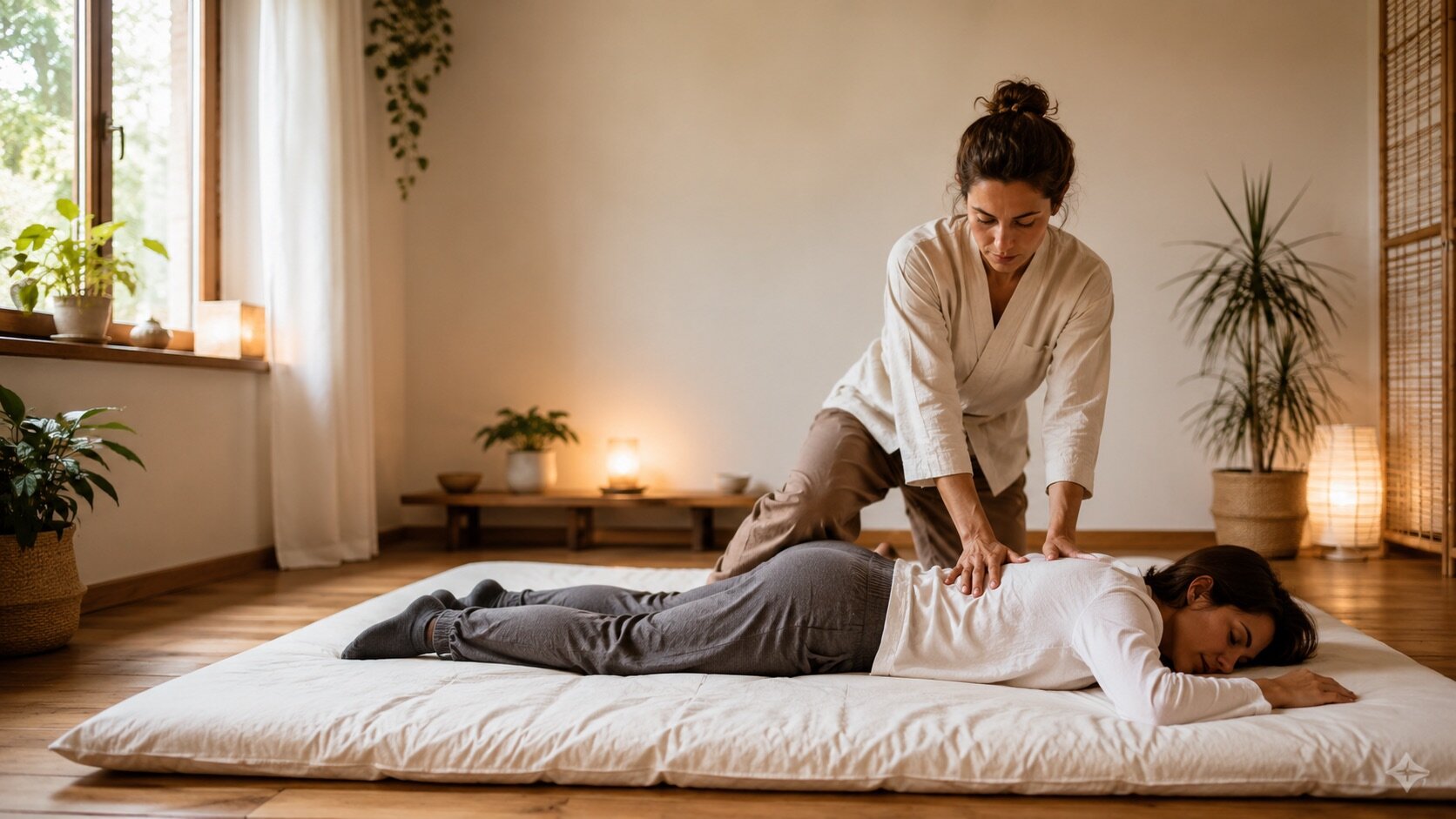 Trattamento shiatsu su futon a Rovato in un contesto professionale e rilassante