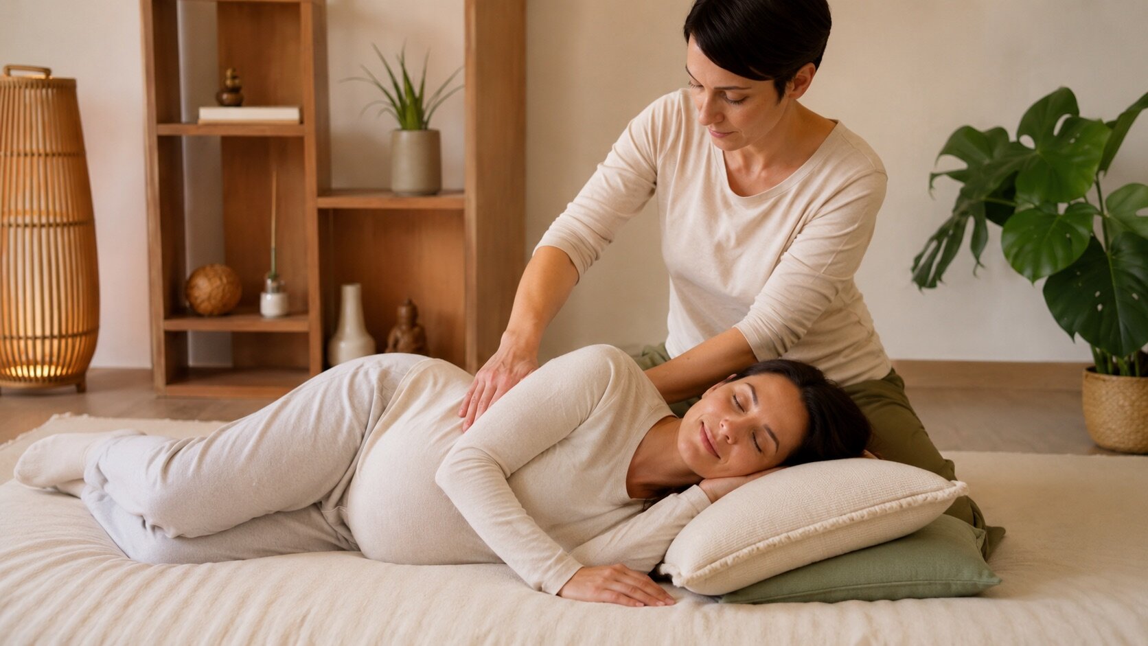 Donna in gravidanza durante un trattamento shiatsu su futon nello studio Bacashiatsu a Rovato