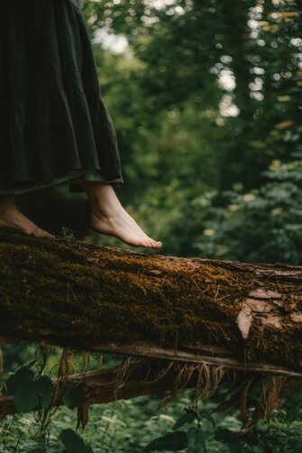 Donna a piedi nudi su un albero simbolo dei passaggi e delle fasi della vita Donna a piedi nudi su un albero simbolo dei passaggi e delle fasi della vita