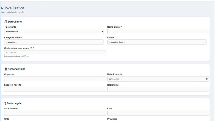 Schermata piattaforma AML KYC per creazione nuova pratica e raccolta dati cliente 