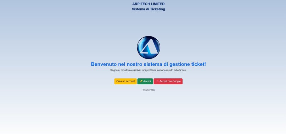Pagina iniziale ticket.arpitech.eu per apertura ticket ICT e accesso alla formazione cybersecurity ARPITECH