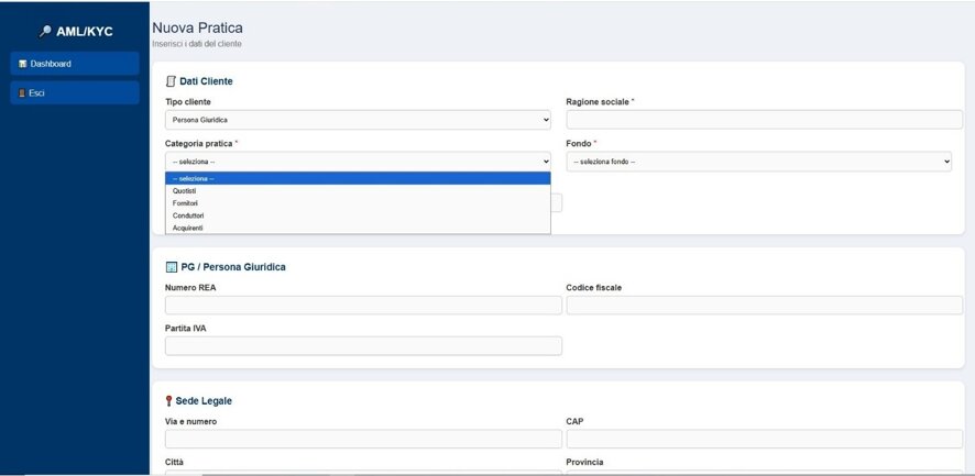 Schermata piattaforma AML KYC per creazione nuova pratica e raccolta dati cliente modifica categoria