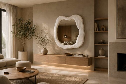Specchio d'arredo per soggiorno moderno con texture rocciosa e bordi scolpiti, ideale per ambienti di lusso. Specchio d'arredo per soggiorno moderno con texture rocciosa e bordi scolpiti, ideale per ambienti di lusso.