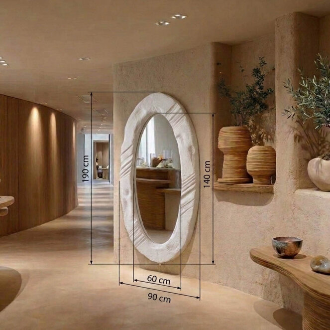 Specchiera ovale grande da terra o parete con cornice materica scultorea in resina bianca, dimensioni totali 190x90 cm. Realizzata artigianalmente da Market della Cornice, Verona.