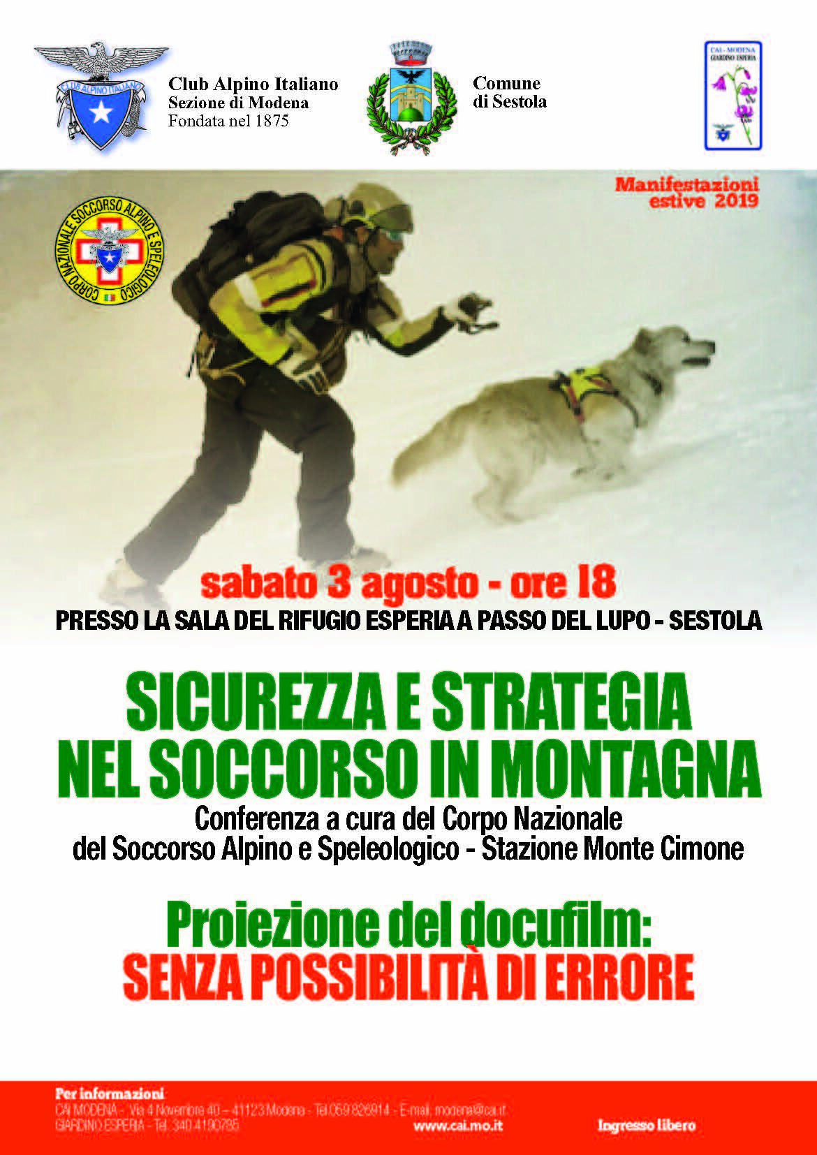 3 agosto 2019. Rifugio Esperia Passo del Lupo - Sestola (MO). Sicurezza e strategia nel soccorso in montagna