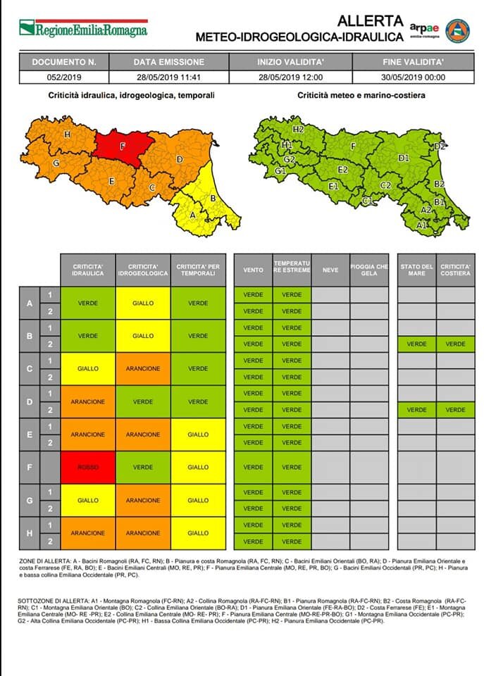 28 maggio 2019. Allerta meteo estesa a tutto il territorio regionale.