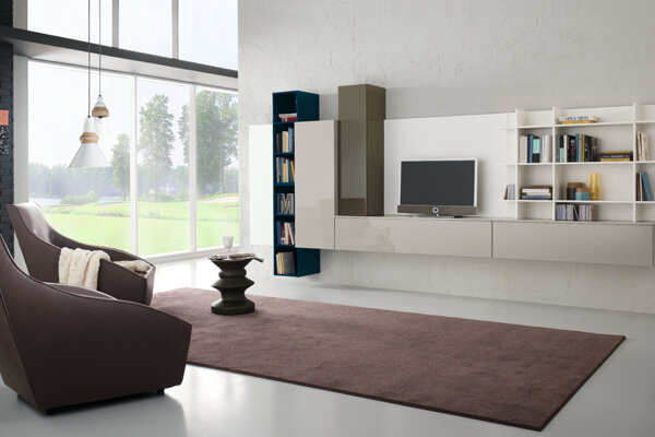 soggiorno Spar soggiorno moderno - visone tortora lucido - blu oceano - con elementi sospesi 7 pensili