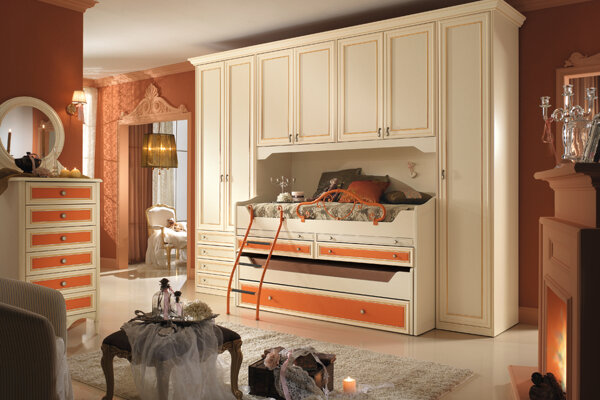 cameretta Spar cameretta classica per bambini / ragazzi - ponte - crema arancio - letti scorrevoli - anta battente
