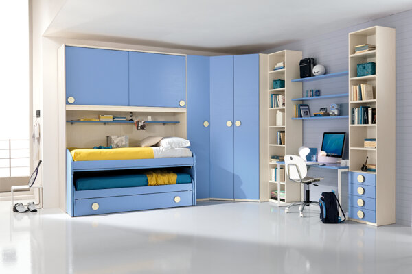 cameretta Spar cameretta moderna ragazzi - bianco e azzurro - anta battente - letti scorrevoli - cabina angolare