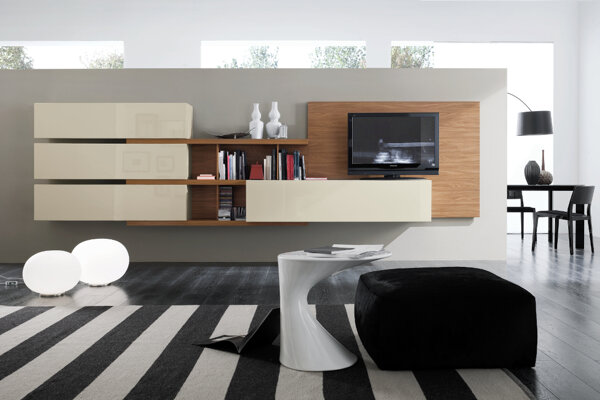 soggiorno Rossetto soggiorno moderno bianco corda e noce laccato lucido - con elementi sospesi