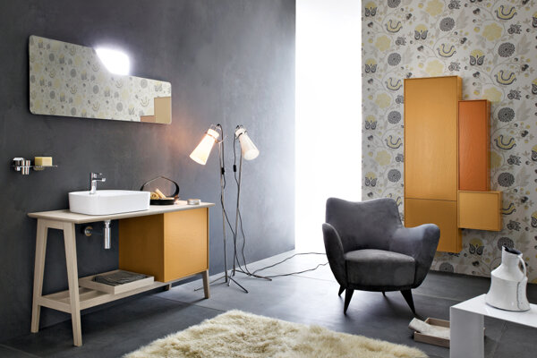 bagno Cerasa bagno contemporaneo gusto retrò - pino naturale ocra ambra terracotta opaco - lavabo bianco lucido