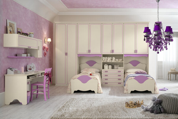 cameretta Spar cameretta classica per bambine / ragazze - ponte - bianco panna e lilla - armadio anta battente