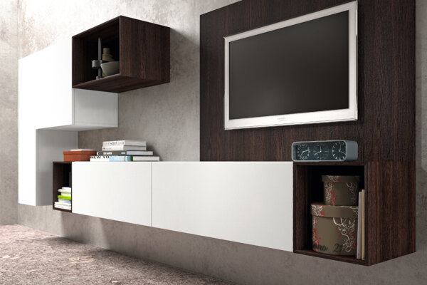 soggiorno Rossetto soggiorno moderno con elementi sospesi - bianco e rovere moro