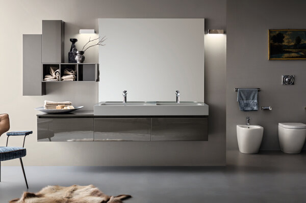bagno Cerasa bagno moderno design minimal senza maniglie - con doppia vasca - colore grigio scuro laccato lucido