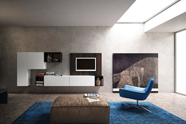 soggiorno Rossetto soggiorno moderno colore bianco e rovere moro - con elementi sospesi