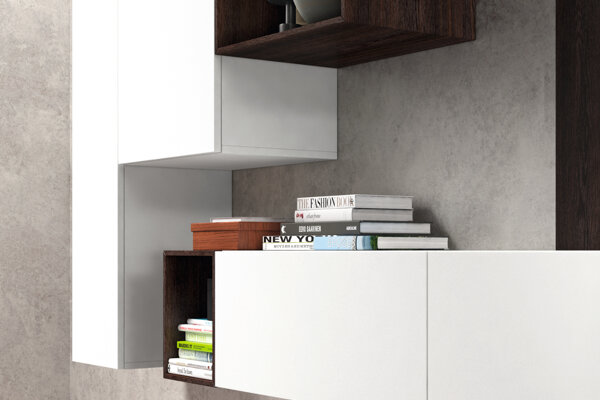 soggiorno Rossetto soggiorno moderno - dettaglio dei pensili colore bianco e rovere moro