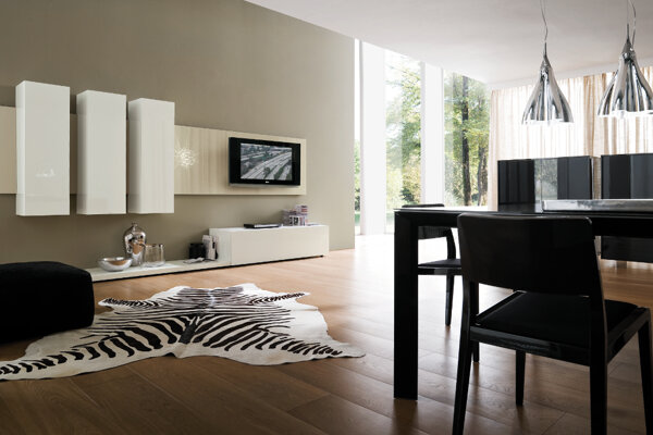 soggiorno Rossetto soggiorno moderno - colore bianco laccato lucido e corda - tavolo da pranzo con piano in vetro